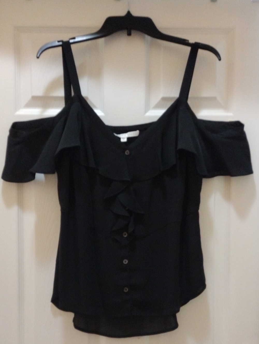 Veronica Beard Black Cold-Shoulder Ruffle Button Front Top